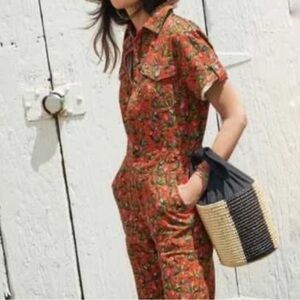 Farm Rio Tucano Paradise Short-Sleeve denim Utility Jumpsuit